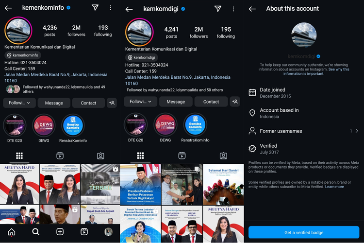 Akun Instagram Kominfo yang sebelumnya memiliki username atau handle @kemenkominfo, kini resmi berubah menjadi @kemkomdigi.