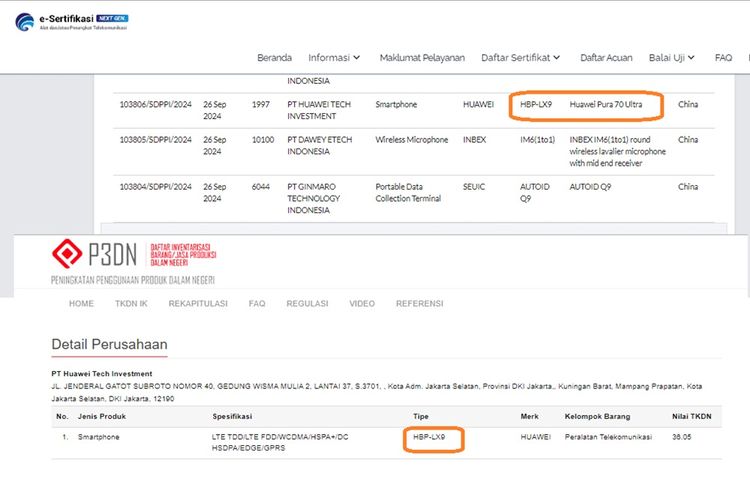 Screenshot sertifikasi Huawei Pura 70 Ultra di situs Postel dan TKDN Kemenperin (Dok. KOMPAS)