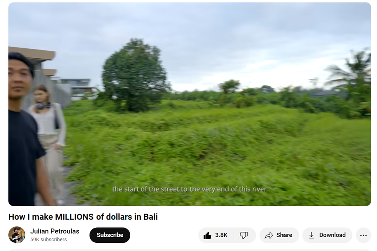 Potongan video YouTube milik Julian Petroulas berjudul How I make MILLIONS of dollars in Bali viral di media sosial (YT @Julian Petroulas)