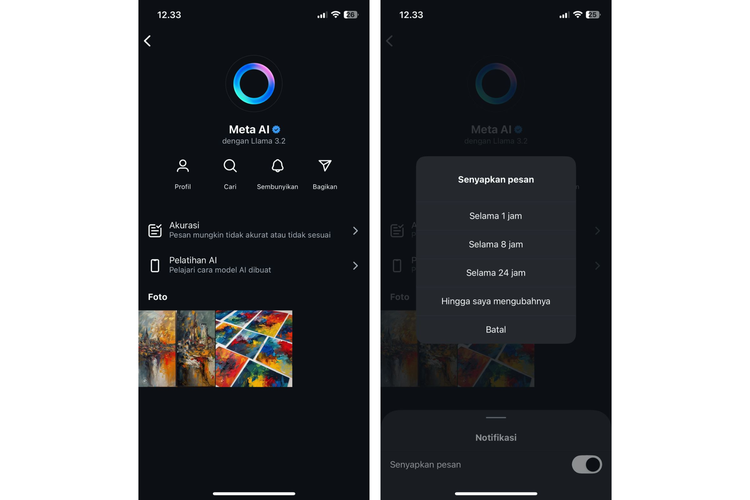 Ilustrasi cara membisukan meta ai di IG (Dok. KOMPAS)
