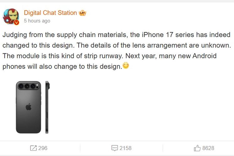 Pembocor gadget kenamaan, Digital Chat Station, mengungkap bocoran desain iPhone 17. Apple konon akan merombak modul kamera di jajaran iPhone 17. (WCCFTech)