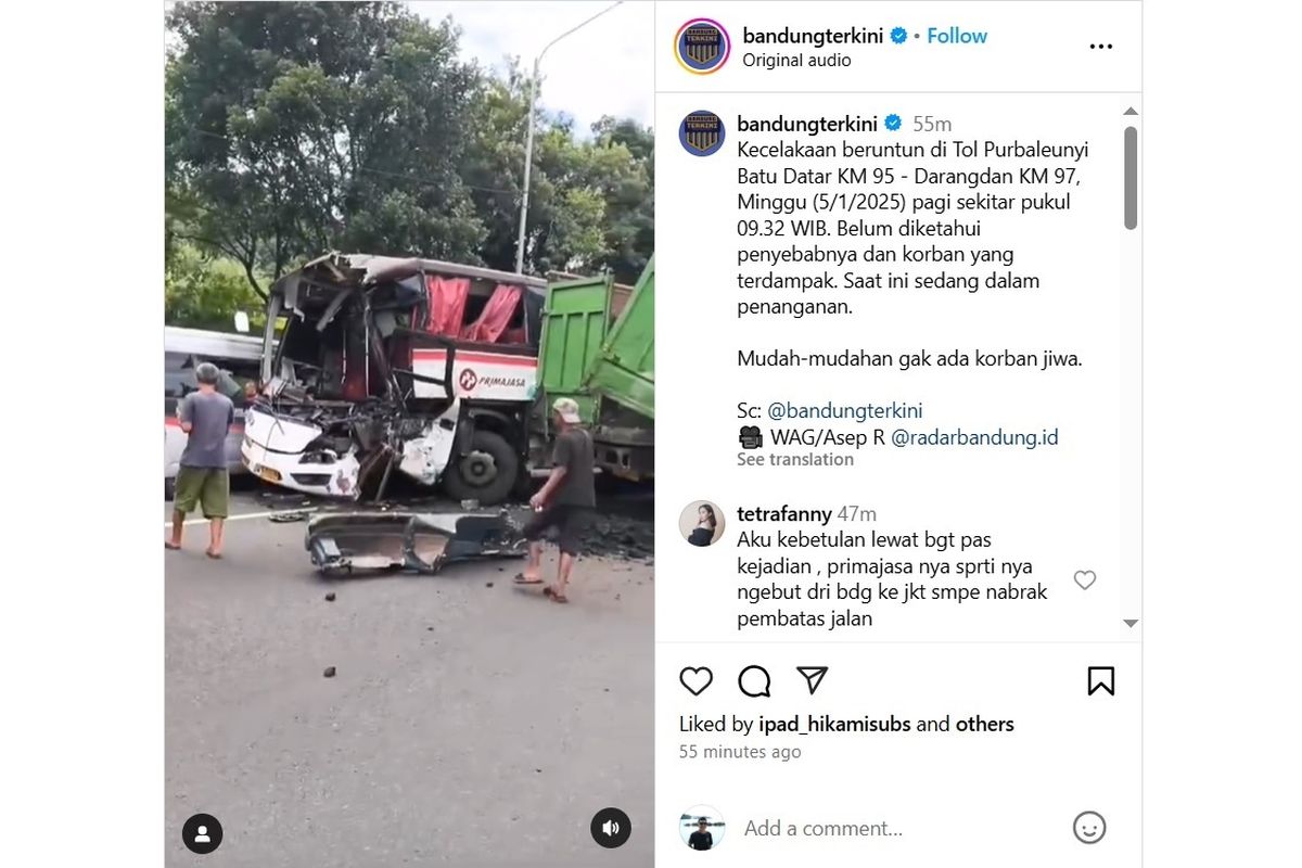 Sebuah kecelakaan kembali terjadi di Tol Cipularang, Minggu (5/1/2025) (Dok. IG @Bandungterkini)