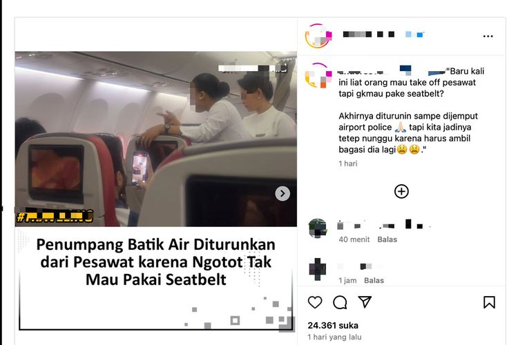 Tangkapan layar penumpang Batik Air diturunkan karena tidak mau pakai seatbelt. (Instagram)